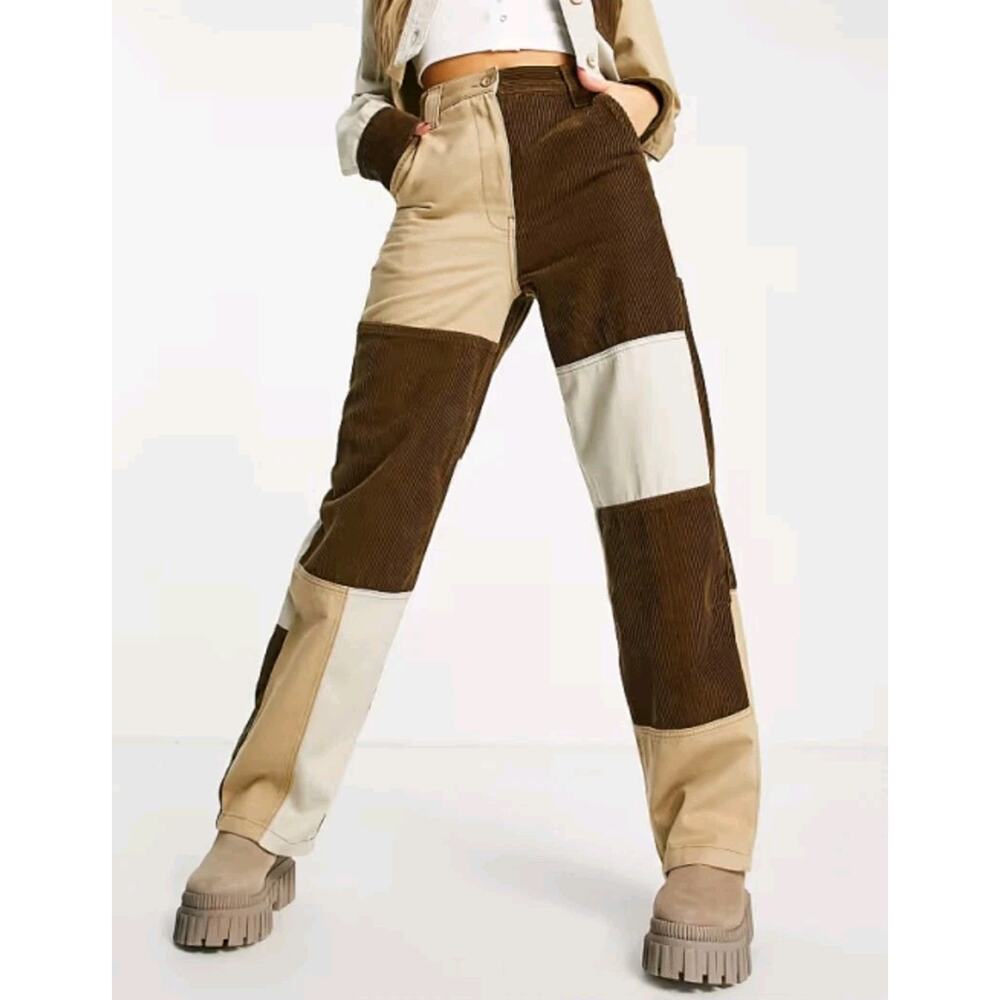 Topshop High Waist Cord Pants Sz 4 Brown Corduroy Patchwork Straight Hippie Punk